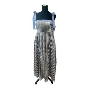 Entro Gingham Tie Shoulder Midi Dress Black White Blue Large D31539 NWT